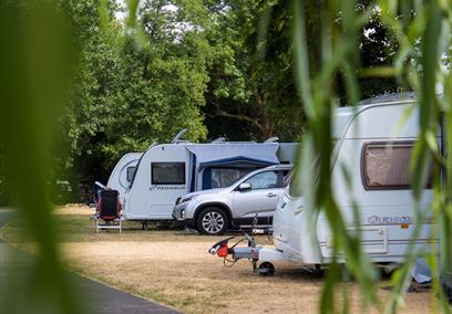 Caravans parked at Chertsey Camping and Caravanning Club Site