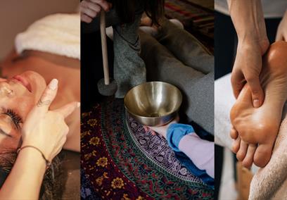 Three images including a woman's face being massaged, a bowl, and a foot being massaged