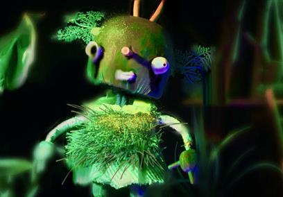 A green fluffy puppet
