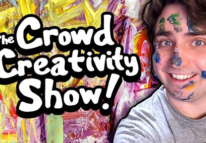 A man with his face covered in paint smiling at the camera with white text in the foreground: 'The Crowd Creativity Show.'