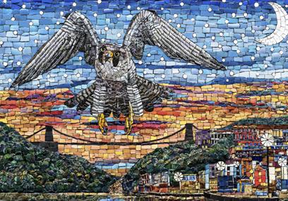 A mosiac of Bristol (specifically a hawk flying over Clifton Suspension Bridge)