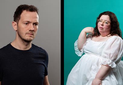 Two images of a man and a woman posing for the camera