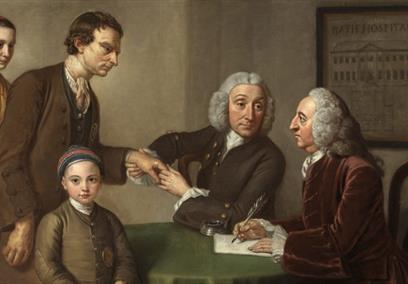 An old painting of three men, a woman and a girl