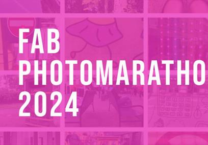 Collage of photographs tinted bright pink, with white text overlay reading 'FAB PHOTOMARATHON 2024'