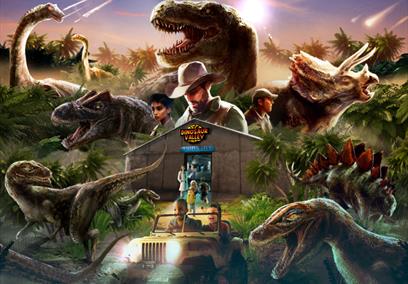 Artist drawing of a TRex and the dinosaur valley research lab building