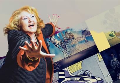 A woman smiling with hands out and art work in the background