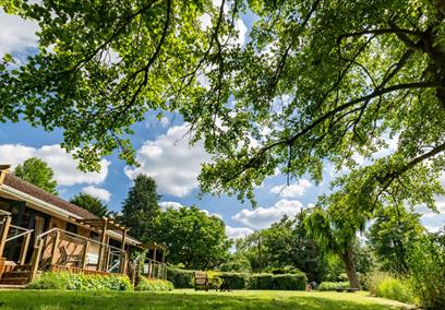 green garden space with wooden decking seating areas