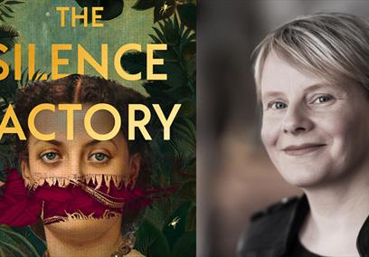 Author Bridget Collins next to the cover of her new book, The Silence Factory.