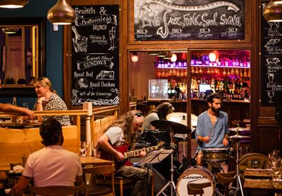 A band performing in a restaurant