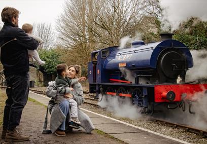 A family of four can be seen from behind waving at a blue steam train from the station platform.