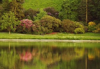 The Temple of Apollo reflected in the lake at Stourhead