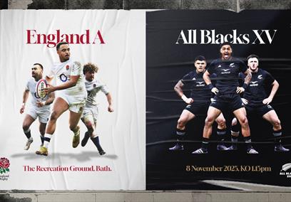 A poster featuring the England A & All Blacks XV men's rugby teams, promoting a match at The Recreation Ground in Bath.