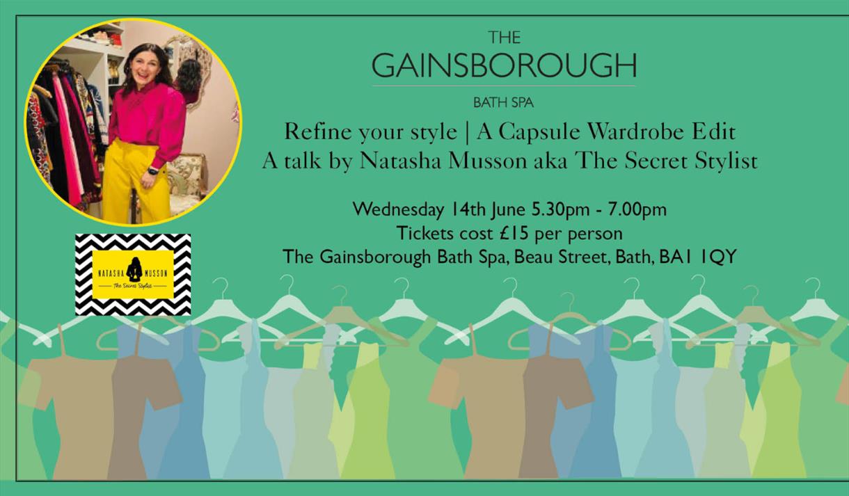 A poster with an image of a woman inset on the top left corner against a green background, with black text and clip art of dresses at the bottom.