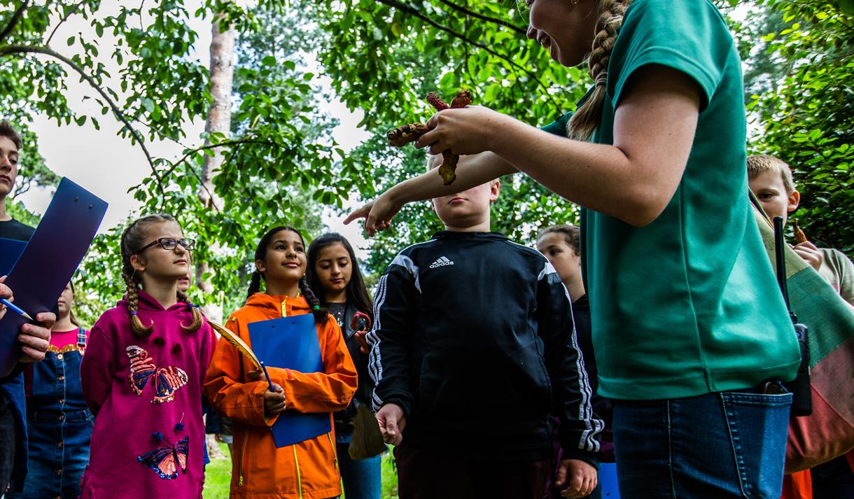 children outdoors with learning guide