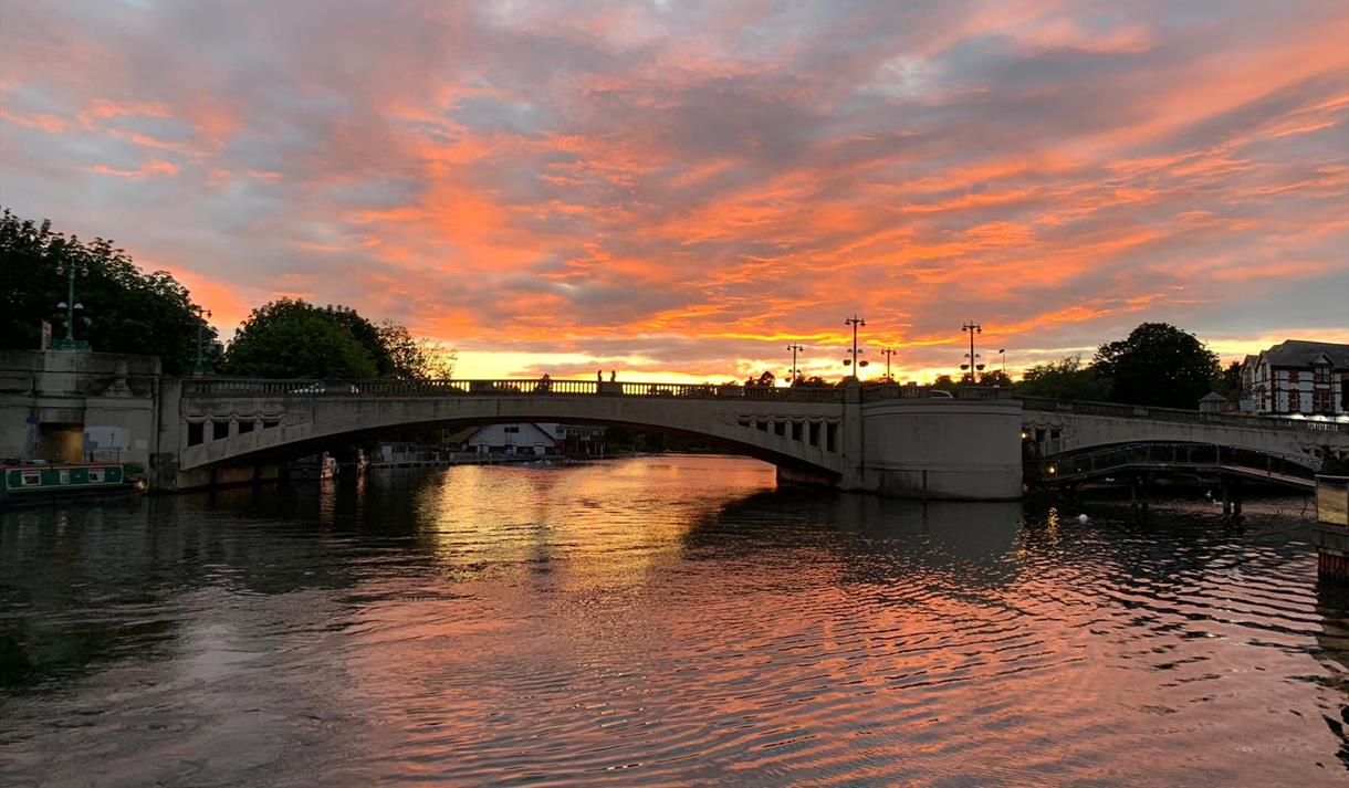 View of Caversham Bridge at sunset.