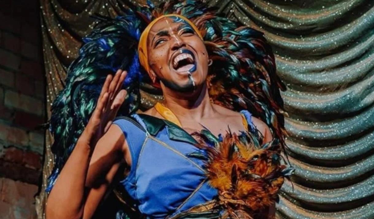 A performer wearing a blue dress and feathers