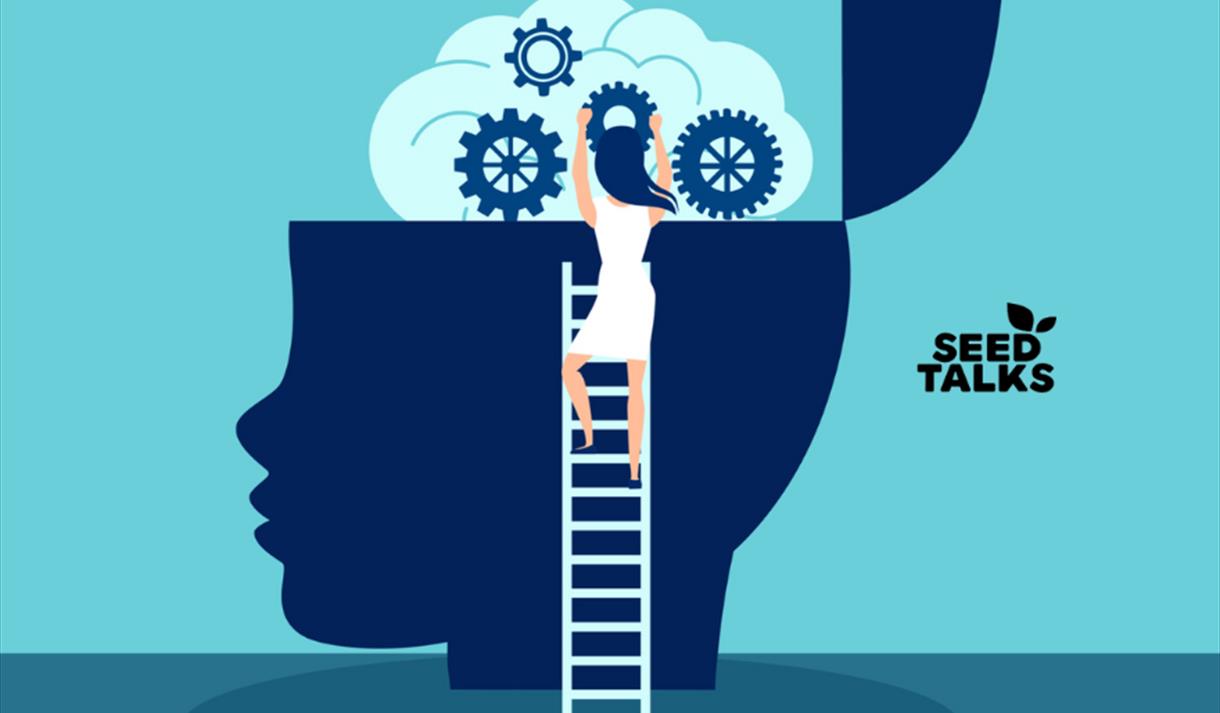 A women climbing a ladder into a brain