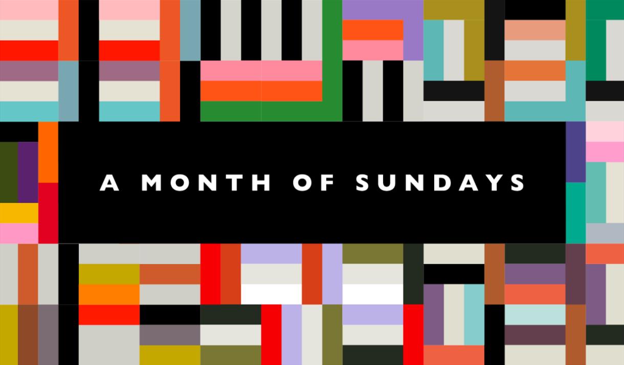 A black box and the white text 'A Month of Sundays' against a colourful background.