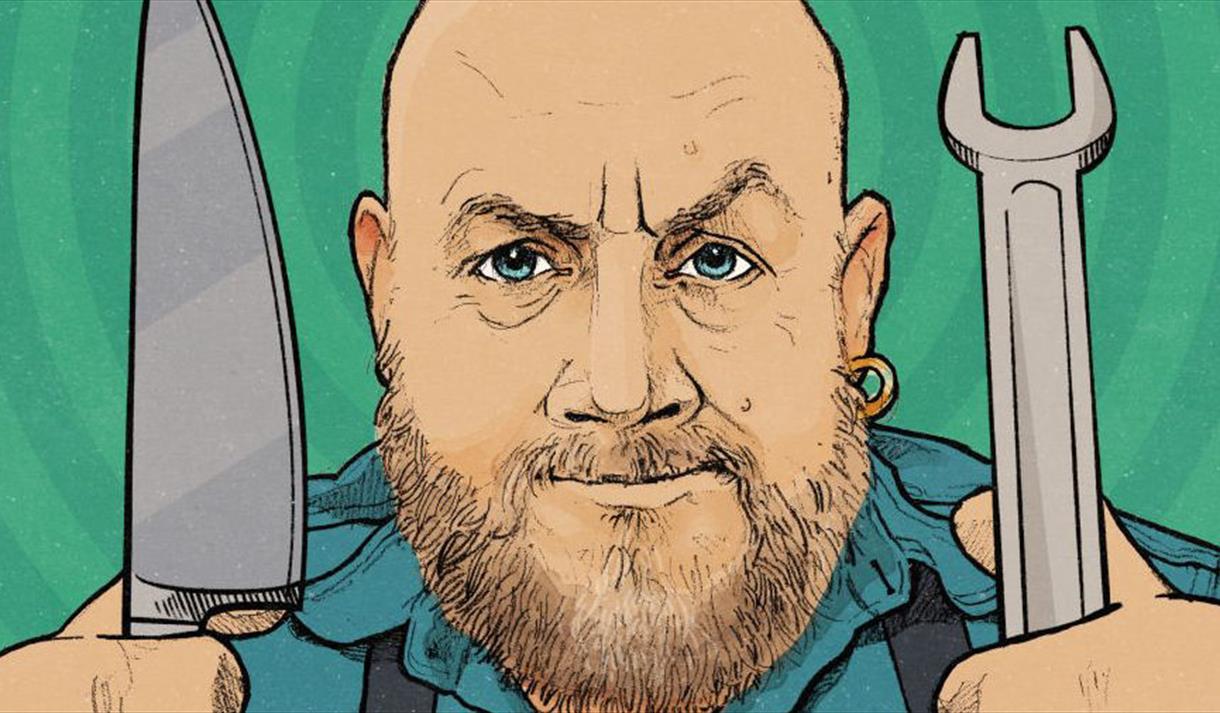 A cartoon drawing of a man holding a knife and a spanner