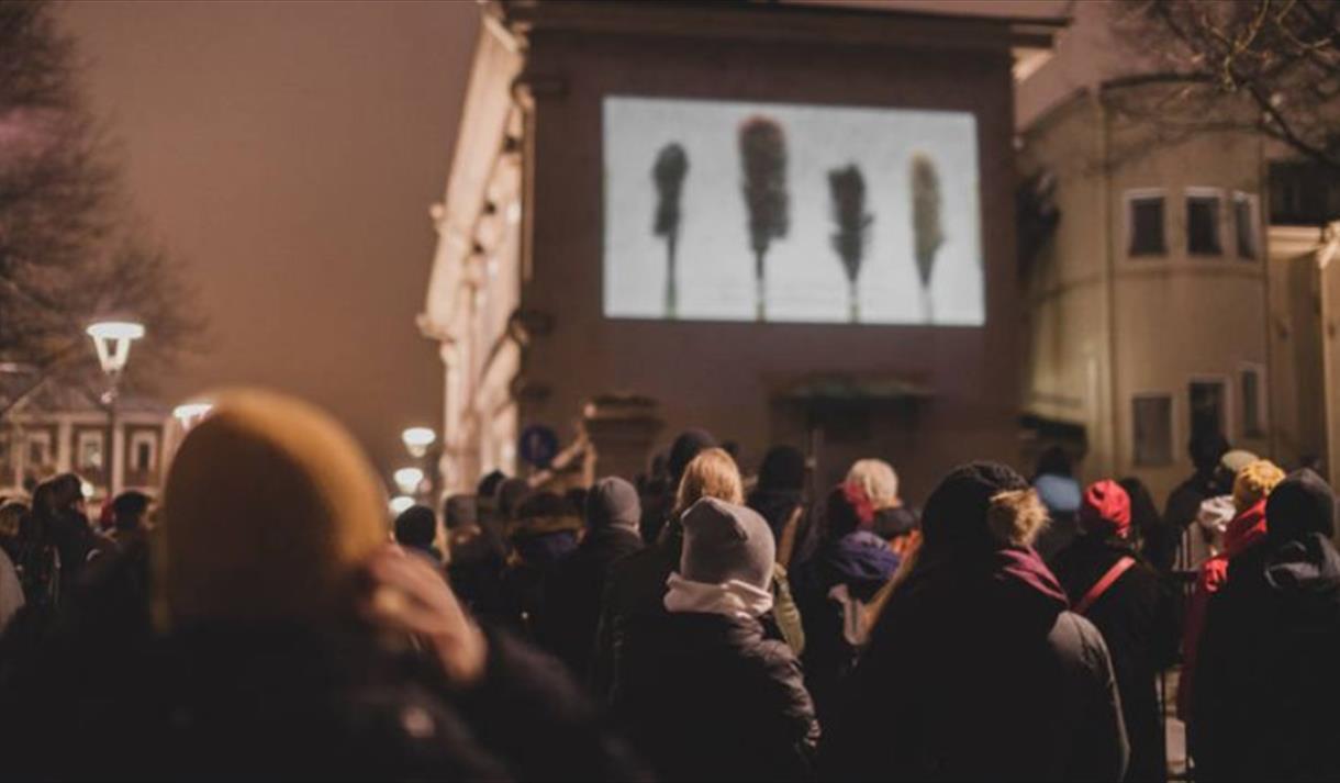 A large group of people watching a film on the side of the building