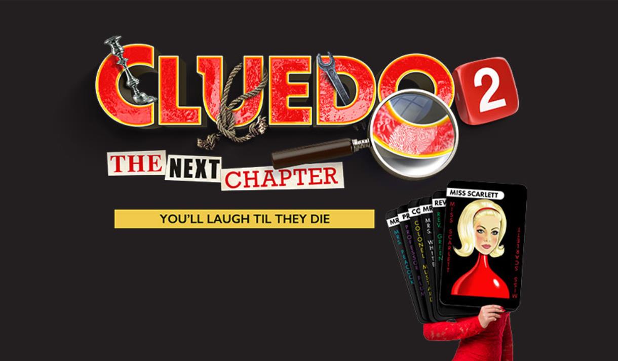 Cluedo logo with figure of woman dressed in red