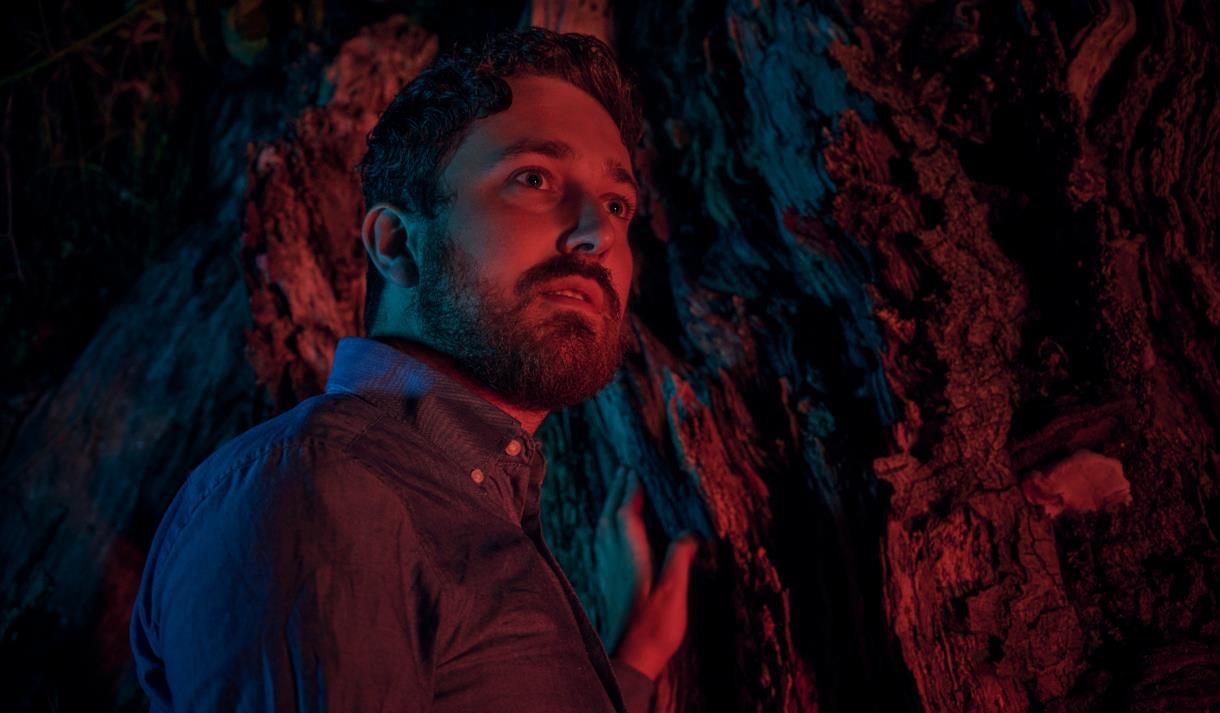 Man holding tree looking into distance with dark red light