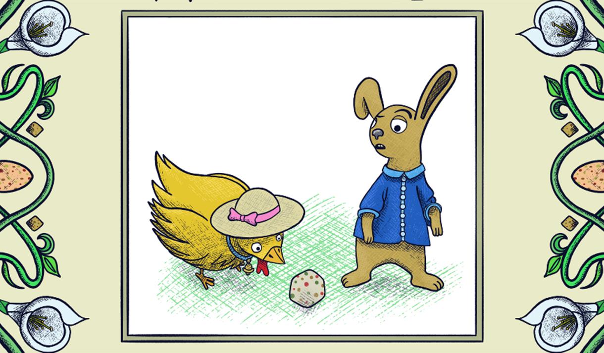 A drawing of a rabbit and a chick looking at an egg