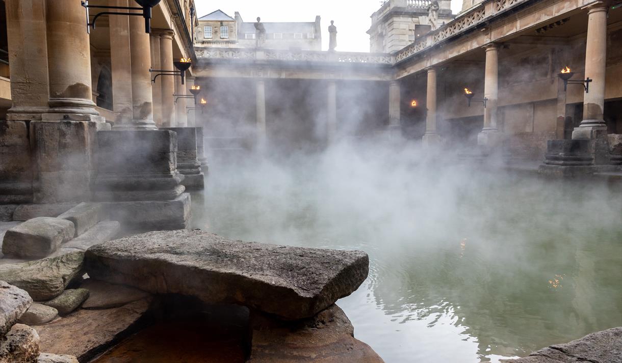 The Great Bath on a winter's morning with steam rising