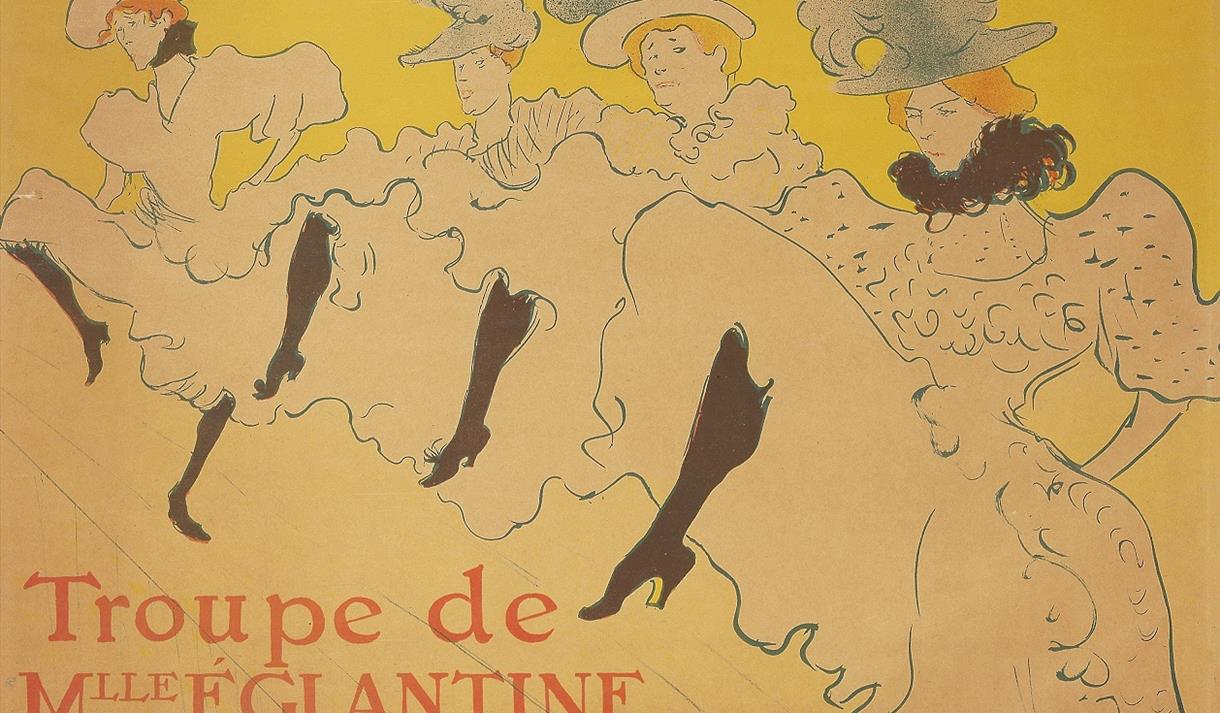 An artwork by Toulouse-Lautrec showing a row of cancan dancers with a bright yellow background