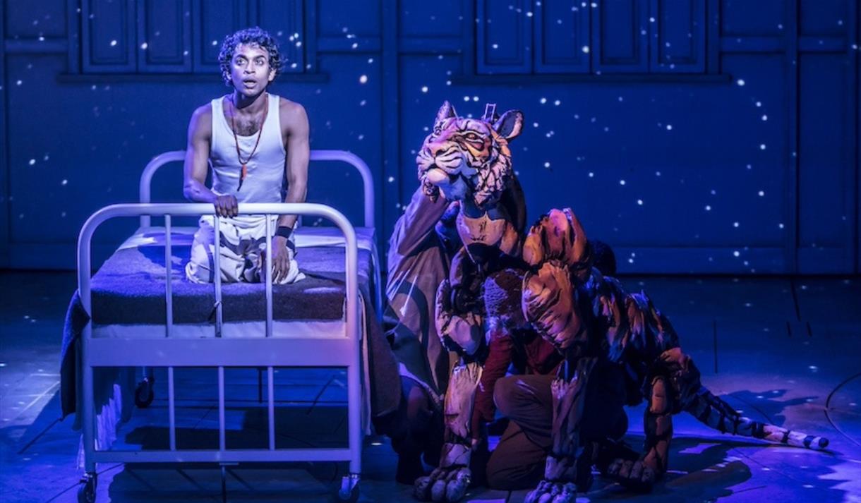 Boy on a boat with a tiger puppet