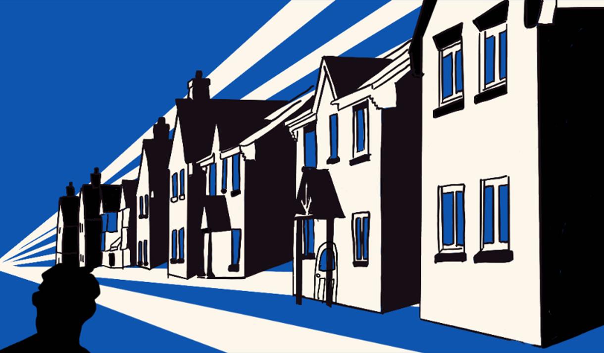 A blue and white drawing of a street