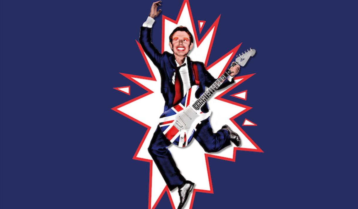 A poster with an explosion graphic in the centre featuring former British Prime Minister Tony Blair holding a Union Jack guitar