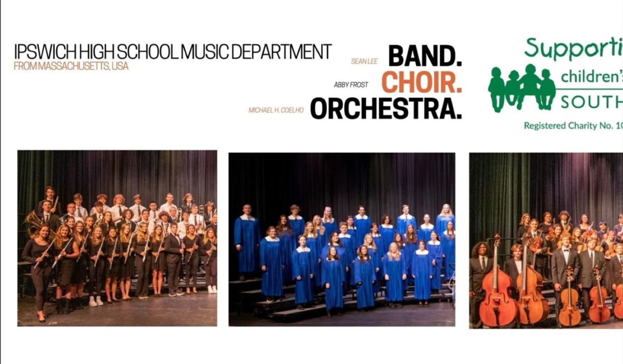 A poster displaying images of the Ipswich School & Choir Band, from Massachusetts, USA