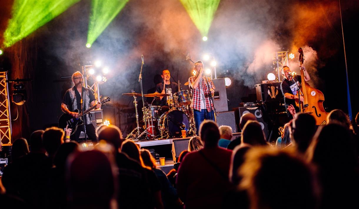Audience watching a band perform on a stage