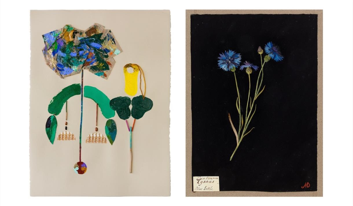Two images depicting flower artworks