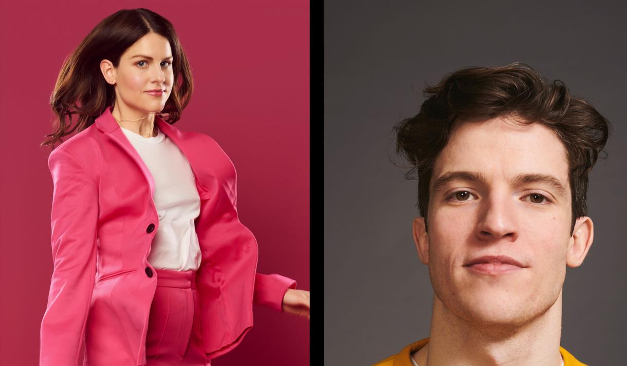 Two images of a woman and a man posing for the camera