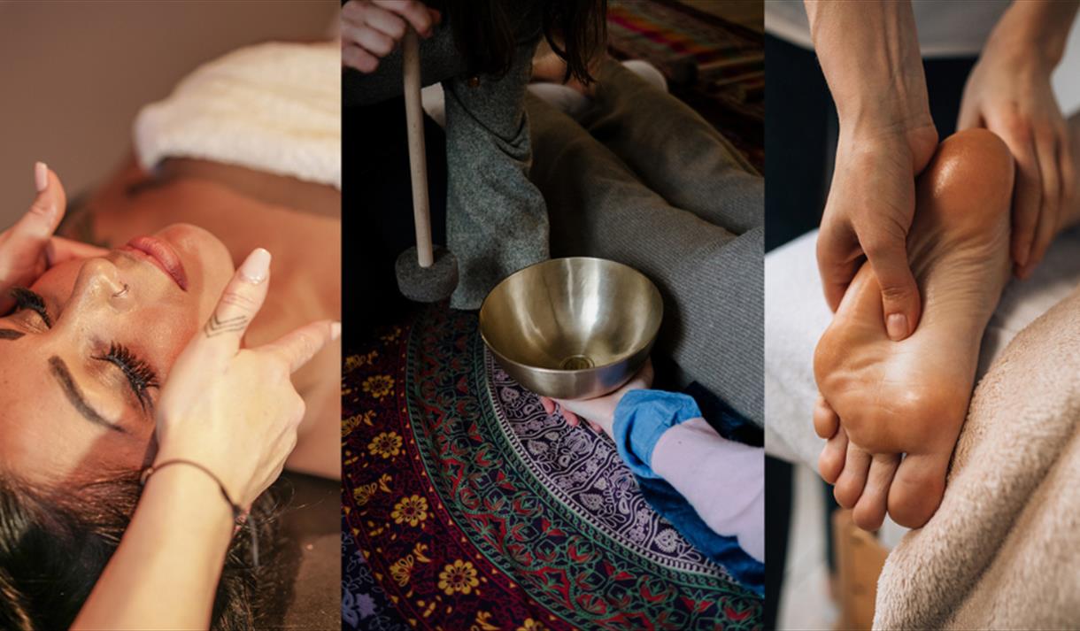 Three images including a woman's face being massaged, a bowl, and a foot being massaged