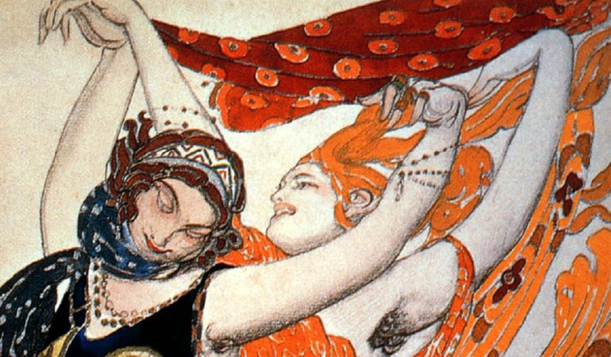 A drawing of two women dancing