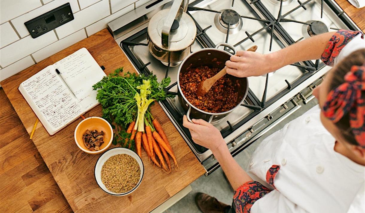 An ariel view of someone cooking in the kitchen