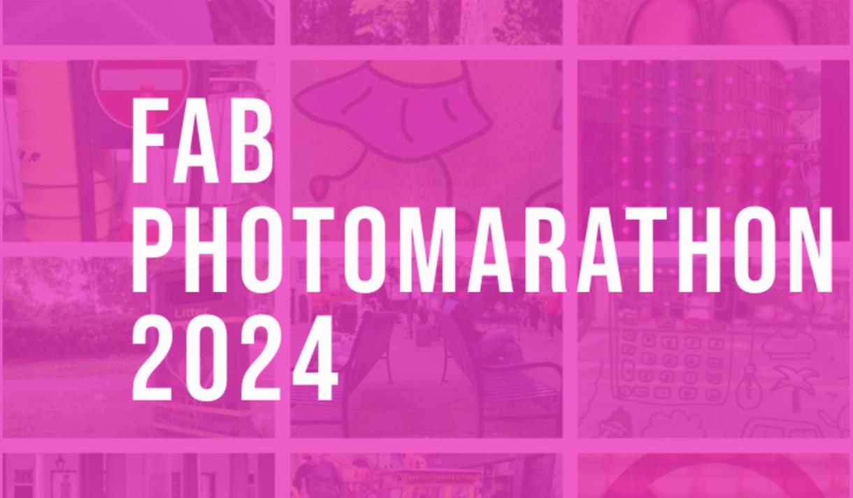 Collage of photographs tinted bright pink, with white text overlay reading 'FAB PHOTOMARATHON 2024'