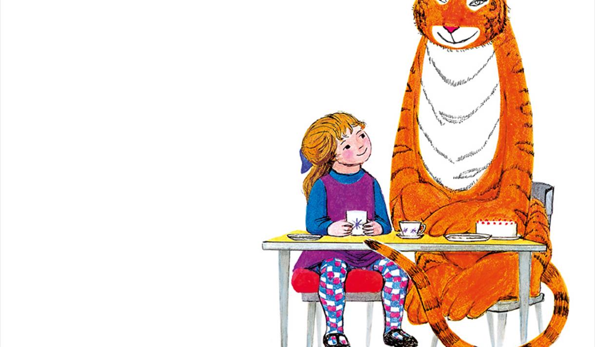 Illustration of a young girl and a tiger sat at a table having tea