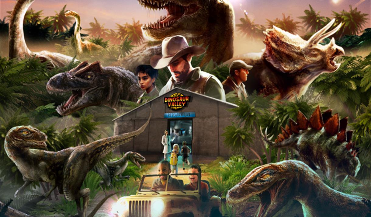 Artist drawing of a TRex and the dinosaur valley research lab building
