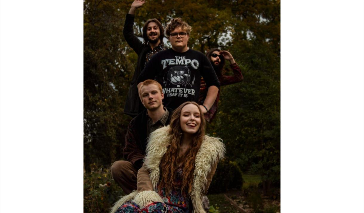 The band sit in the woods facing the camera