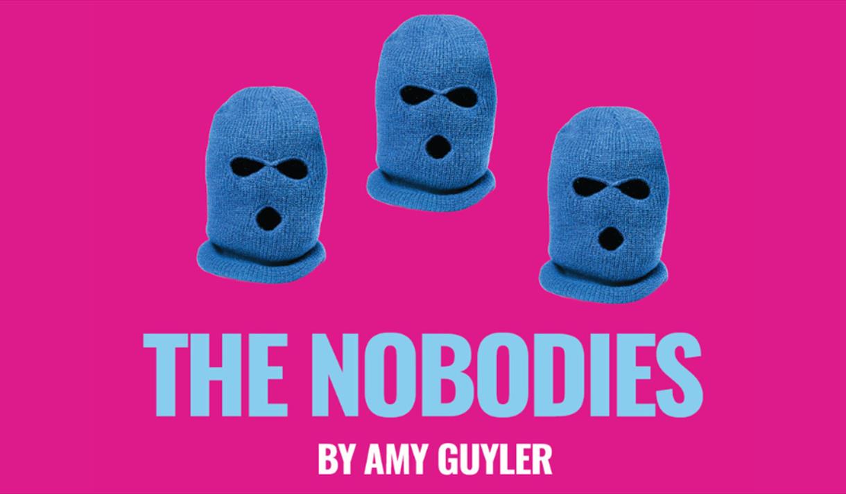 3 dark blue ski masks on a bright pink background