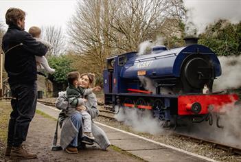 A family of four can be seen from behind waving at a blue steam train from the station platform.