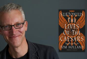 A man smiling against a black background alongside a book cover.