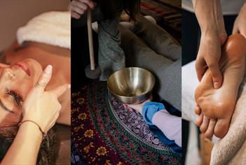 Three images including a woman's face being massaged, a bowl, and a foot being massaged