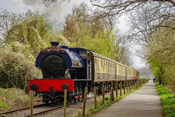 A blue engine can be seen chugging alongside the cycle path, surrounded by trees.