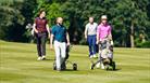 A group of 4 men wheeling gold caddies on a golf course