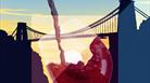 Red wine is poured into a glass against the backdrop of Clifton Suspension Bridge at sunset